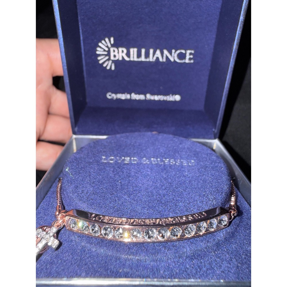 Brilliance Rose Gold Swarovski Crystal Loved and Blessed Cross Bolo Bracelet
